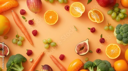 Fototapeta Naklejka Na Ścianę i Meble -  Assorted Fruits and Vegetables Arranged in Circle on Orange Background with Copy Space