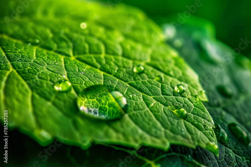 A closeup of water droplet on a green leaf