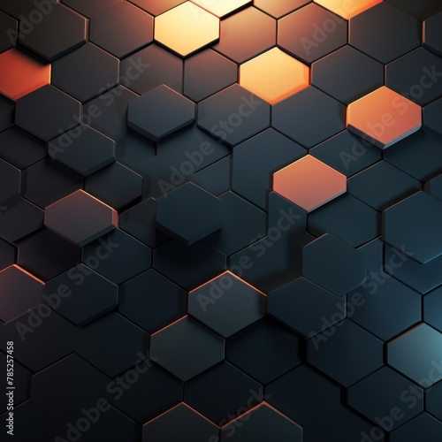 Peach dark 3d render background with hexagon pattern