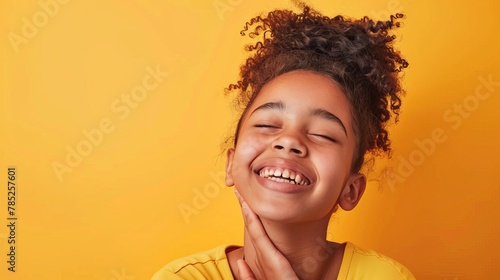 Joyful young woman with a beaming smile and closed eyes, expressing genuine happiness and carefree attitude