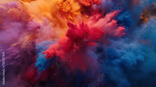 Vibrant clouds of powdered colors filling the air as revelers joyfully toss handfuls of gulal at each other, creating a mesmerizing spectacle. photo