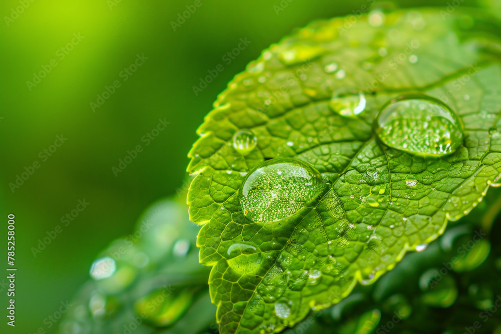 A closeup of water droplet on a green leaf A closeup of water droplet on a green leaf