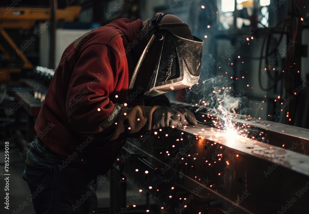 Focused Welder: Precision in Action Amidst Flying Sparks