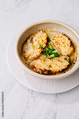 Homemade french onion soup with melted cheese