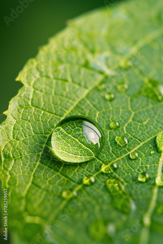 A closeup of water droplet on a green leaf