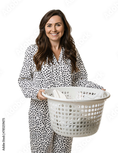 Happy Middle-Aged Woman Holding Laundry Basket, Cut Out