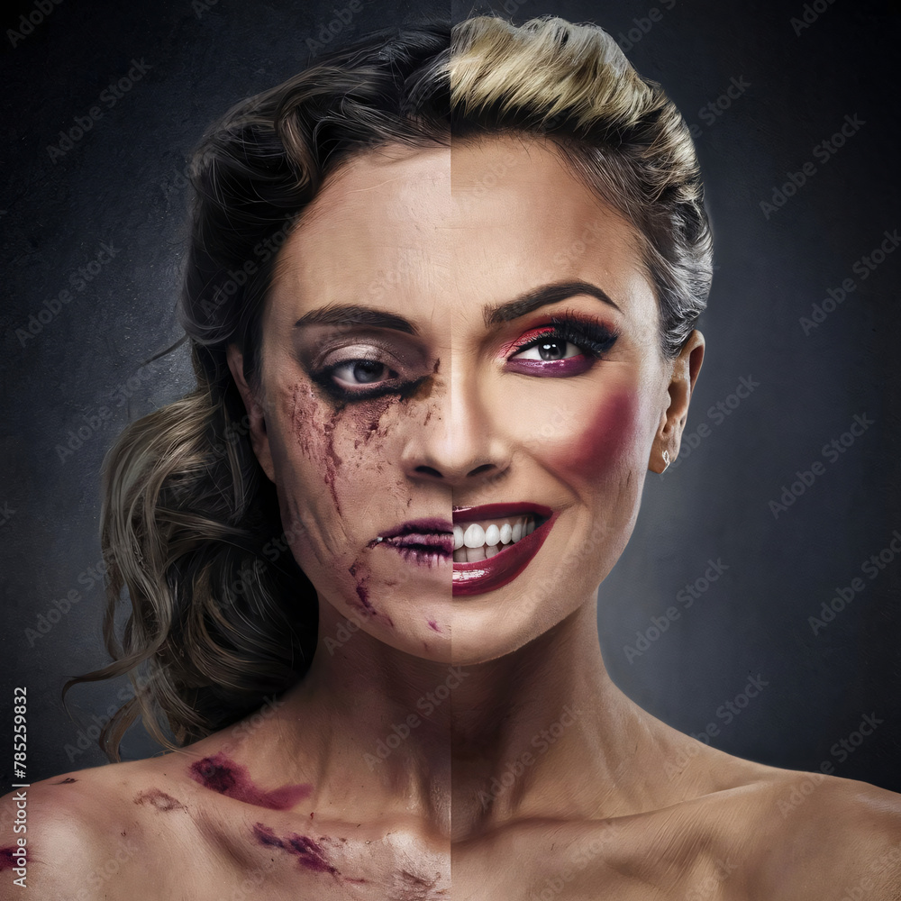 Young Woman's Face Split in Two: Glamour vs. Domestic Violence.Domestic violence awareness concept.