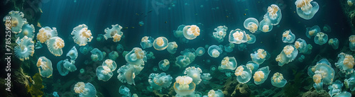 Dance of the ethereal jellyfish. A mesmerizing sight unfolds as a group of jellyfish gracefully swim through the ocean depths, their translucent bodies pulsating with vibrant hues