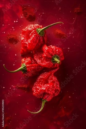 Three vibrant red Carolina Reaper chili peppers on a textured red background.