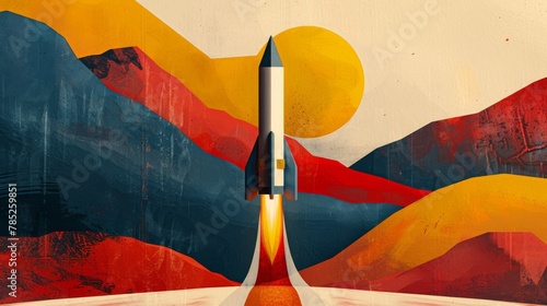 A rocket pierces through a colorful dreamscape, symbolizing ambition in a vast unknown universe. Perfectly balanced in thirds, showcasing determination.