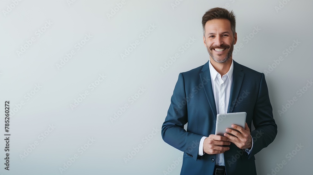 Portrait of happy middle aged business man in suit using digital tablet while standing over white background with copy space, smiling and looking away. generative AI Portrait of happy middle aged business man in suit using digital tablet while standing over white background with copy space, smiling and looking away. generative AI