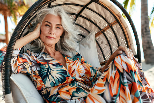 Beautiful senior woman with long grey hair in elegant dress sitting on a beach chair on a tropical resort.