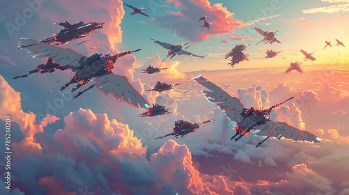 Craft a scene of a group of robotic birds soaring in the sky, rendered in pixel art, capturing their synchronized flight in a breathtaking panoramic view, a fusion of technology and nature photo