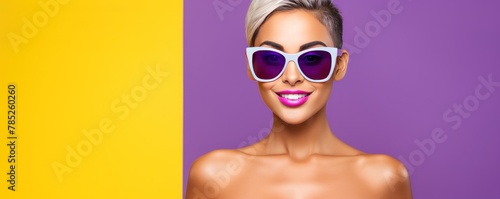 woman looking empty blank frame social media concept expression open mouth excited wearing sunglasses face portrait copy space photo background design happy photo