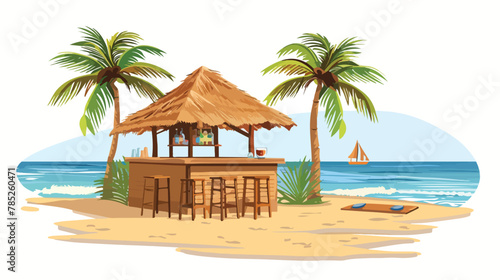 Tiki bar on shore of tropical lagoon. Cartoon summer