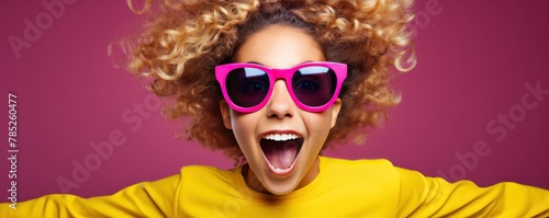 woman looking empty blank frame social media concept expression open mouth excited wearing sunglasses face portrait copy space photo background design happy