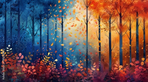 A magical walk through a forest with leaves transforming from deep blue to orange-red and yellow-orange, symbolizing life's beautiful changes.