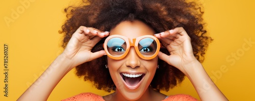 woman looking empty blank frame social media concept expression open mouth excited wearing sunglasses face portrait copy space photo background design happy photo