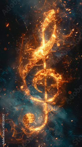 Glowing musical treble clef on a cosmic dark background.