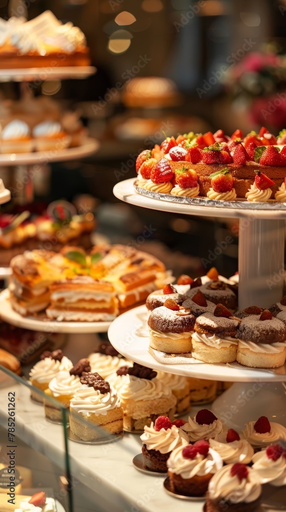 A feast for the eyes, this patisserie showcases a sumptuous assortment of cakes and pastries adorned with fresh strawberries.