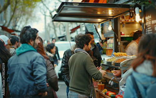 A lively food stall scene showcasing a vendor serving a line of customers, with the city's hustle and bustle as a backdrop. photo