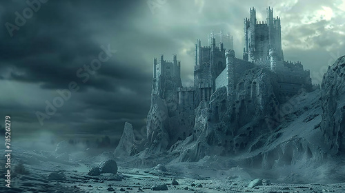 An ancient mythical castle landscape scenic on a storm
