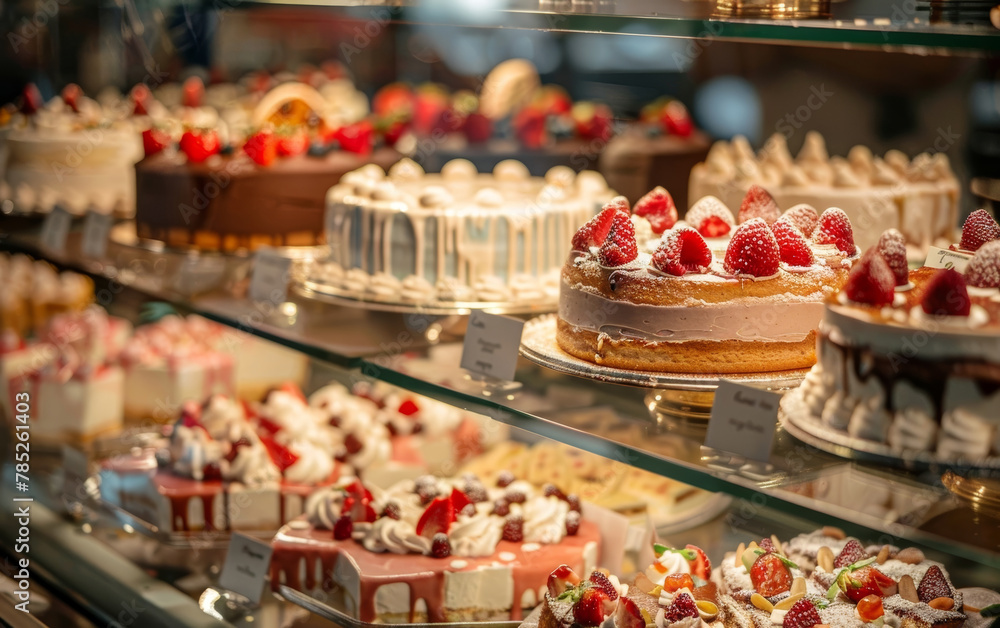A luxurious bakery display featuring an array of delectable pastries, cakes topped with strawberries, and desserts with delicate icing.