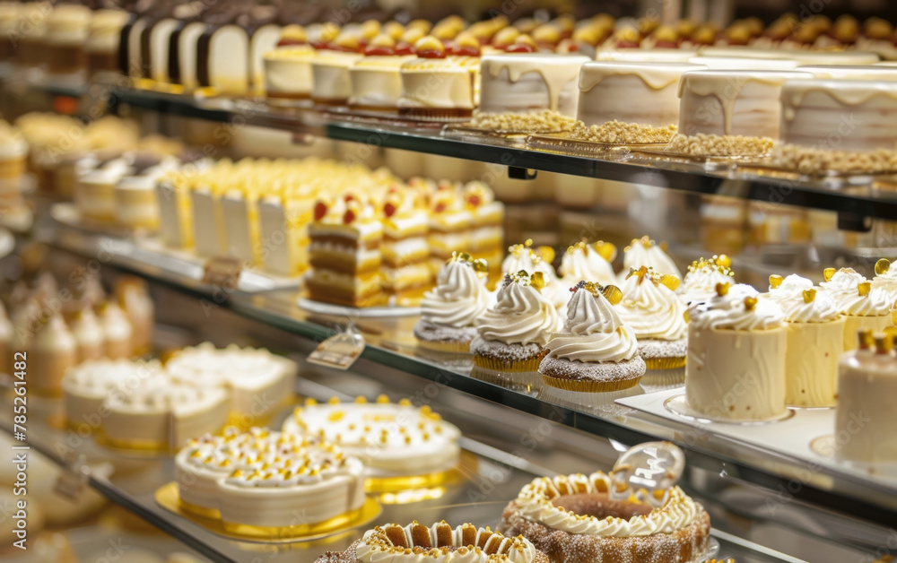 A chic bakery offers a sumptuous spread of desserts, with layered cakes and white chocolate delicacies creating an inviting scene. A chic bakery offers a sumptuous spread of desserts, with layered cakes and white chocolate delicacies creating an inviting scene.