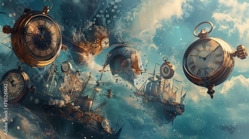 Illustrate a sailor navigating through a sea of floating clocks and melting compasses in a digital photorealistic style, emphasizing the blending of time and space in a unique perspective