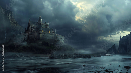 An ancient mythical castle landscape scenic on a storm #785261695