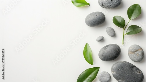 Flat lay composition with spa stones and green leaves on white background