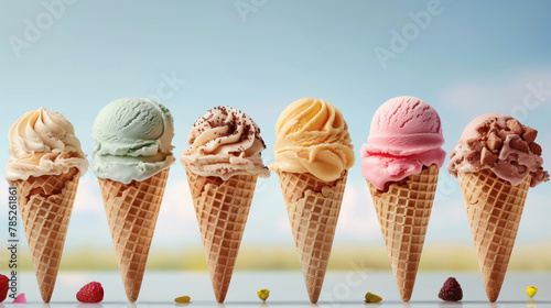 Variety of ice cream cones lined up with a clear sky as the backdrop