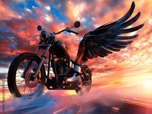 Conceptual style, motorcycle with wings, sky background, surreal composition, twilight lighting