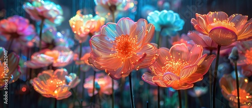 Fiber optic flowers in a garden at night with a blue background photo