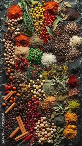 A rich tapestry of colorful spices and herbs laid out on dark slate, highlighting the diversity of culinary flavors.