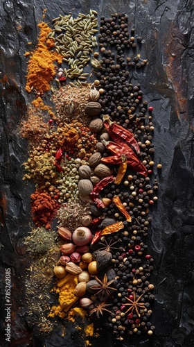 An artistic composition of herbs and spices artfully arranged on a rugged dark slate, ideal for food and culinary settings.