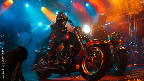 Event style, World Motorcycle Day event, parade, dynamic composition, stage lighting, copy space on the right