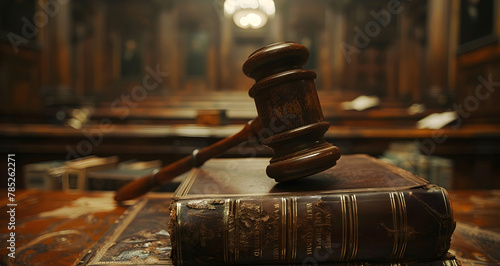 Mallets and heavy leather-bound books in courtroom with dark lighting, representing the court penal system on Constitution Day.