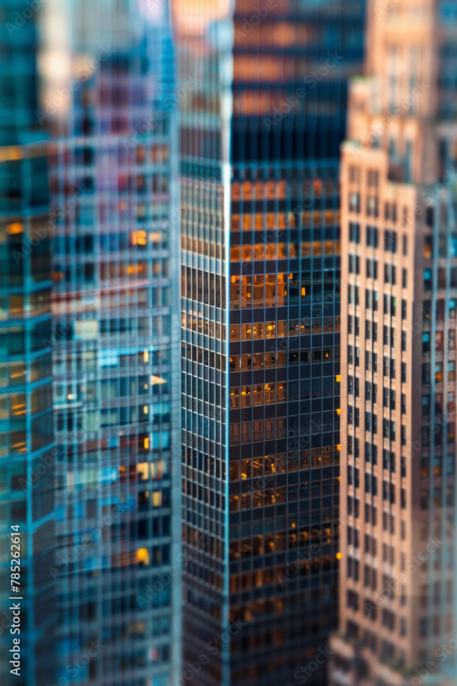 A closeup of skyscrapers in a city during nighttime using a telephoto lens A closeup of skyscrapers in a city during nighttime using a telephoto lens