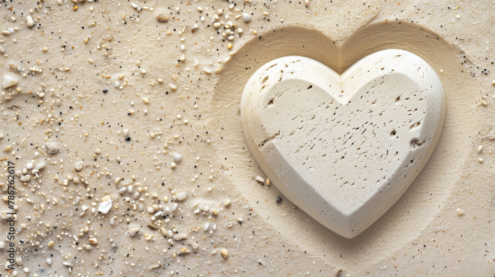 Fototapeta premium Heart shape carved into wet sand with pebbles and shells scattered around.