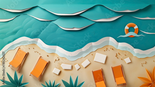 Stylized illustration of a beach scene with ocean waves, sun loungers, and a lifebuoy