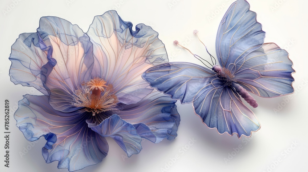 A pair of blue blooms seated together on a pristine white backdrop, graced by a hovering butterfly A pair of blue blooms seated together on a pristine white backdrop, graced by a hovering butterfly