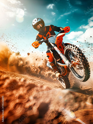 Sports style, motocross jump, dirt track, action composition, bright daylight