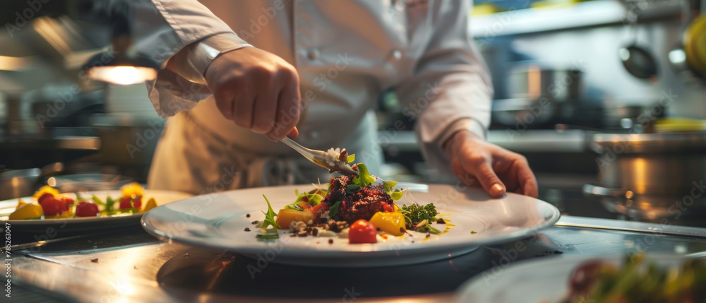 A focused chef in a white coat deftly plates a beautifully assembled gourmet dish, showcasing colorful ingredients and refined culinary skills. A focused chef in a white coat deftly plates a beautifully assembled gourmet dish, showcasing colorful ingredients and refined culinary skills.