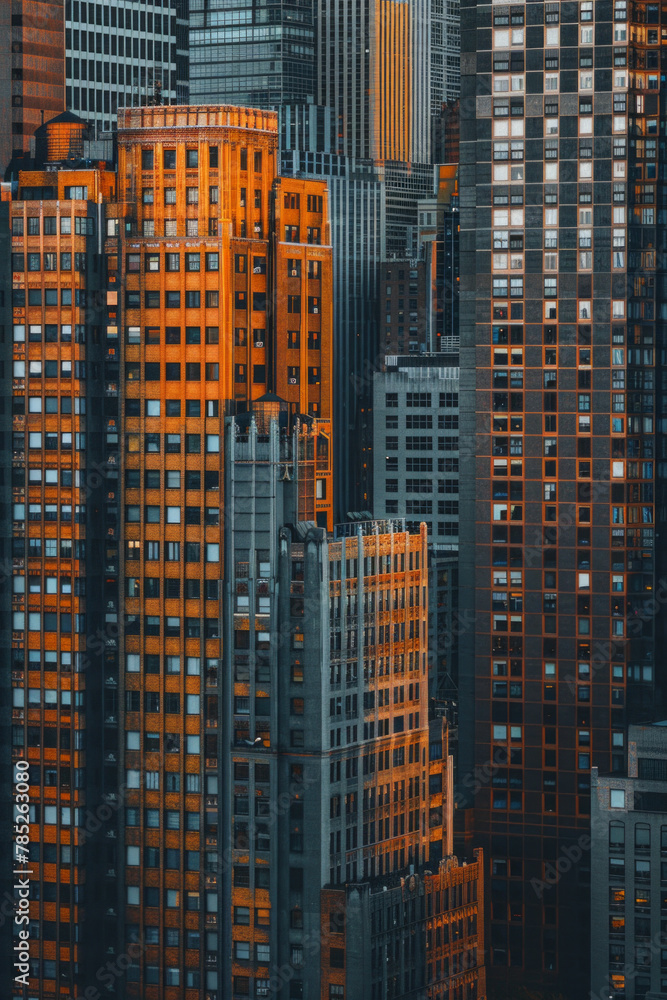 A closeup of skyscrapers in a city during nighttime using a telephoto lens