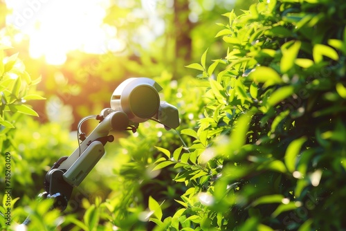 Wallpaper Mural Futuristic gardening robot trimming plants on a sunny day, showcasing advanced agricultural technology Torontodigital.ca