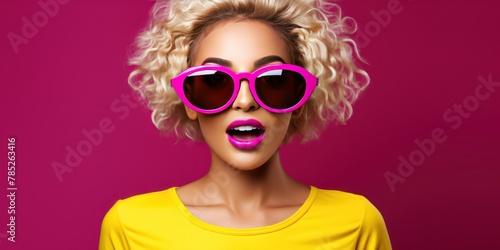 woman looking empty blank frame social media concept expression open mouth excited wearing sunglasses face portrait copy space photo background design happy photo