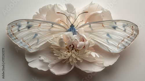   A tight shot of a butterfly atop a bloom against a backdrop of white and blue blossoms, plus a gray underlay photo