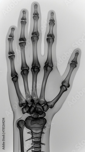X-ray image of a hand showcasing skeletal details in black and white. Precise diagnostic examination captured in monochrome