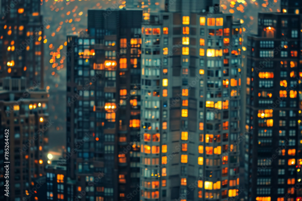 A closeup of skyscrapers in a city during nighttime using a telephoto lens